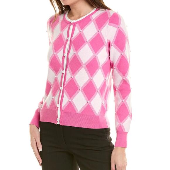 Nanette Lepore Argyle Cardigan Pearl Crew Neck Plaid Barbie Sweater, Pink - Picture 1 of 12